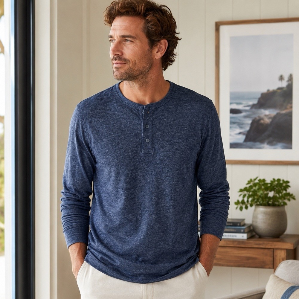 Faherty Slub Cotton‎ Henley Shirt Men XL Navy Heather Long Sleeve Soft Casual